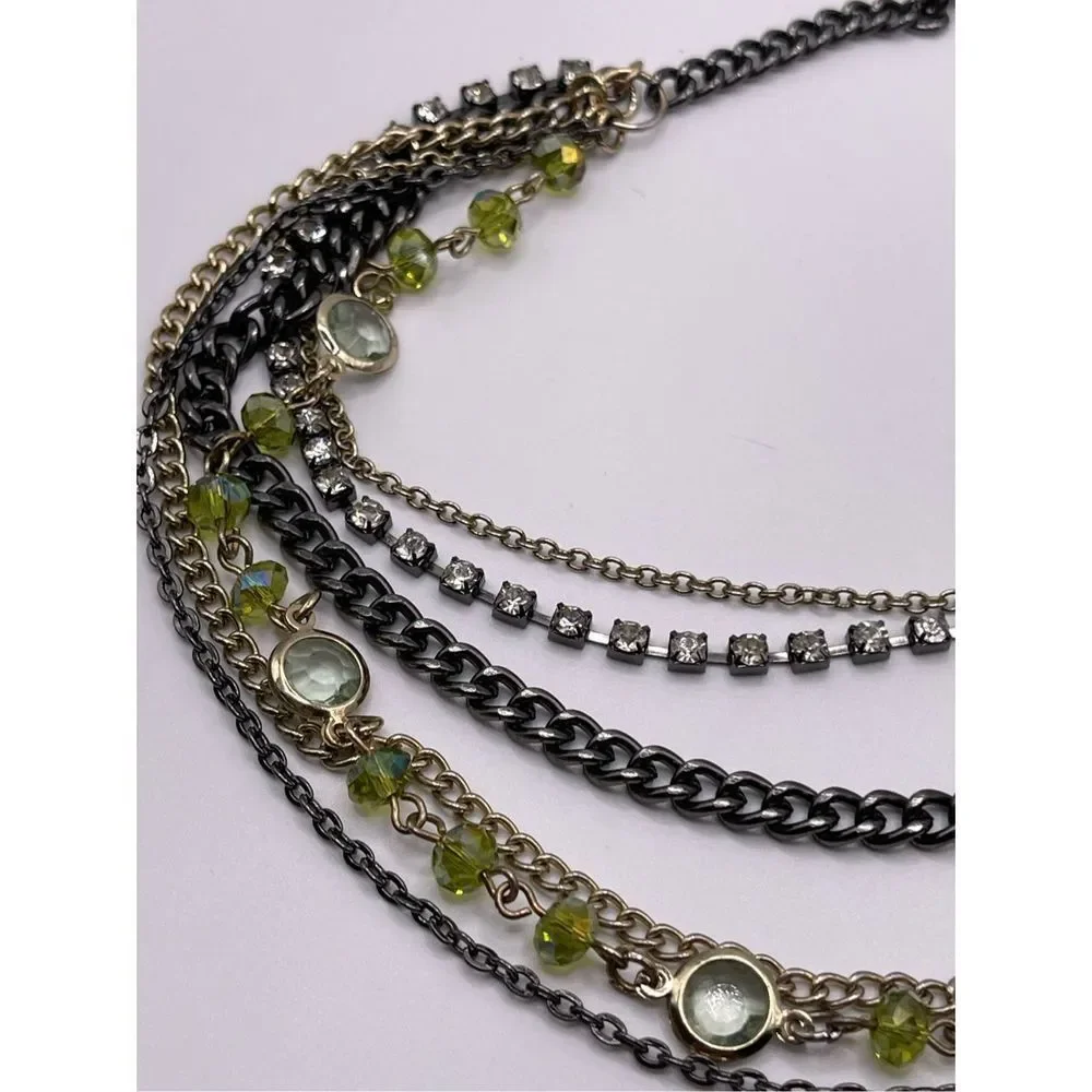Multi chain multi strand necklace multi tone rhinestones